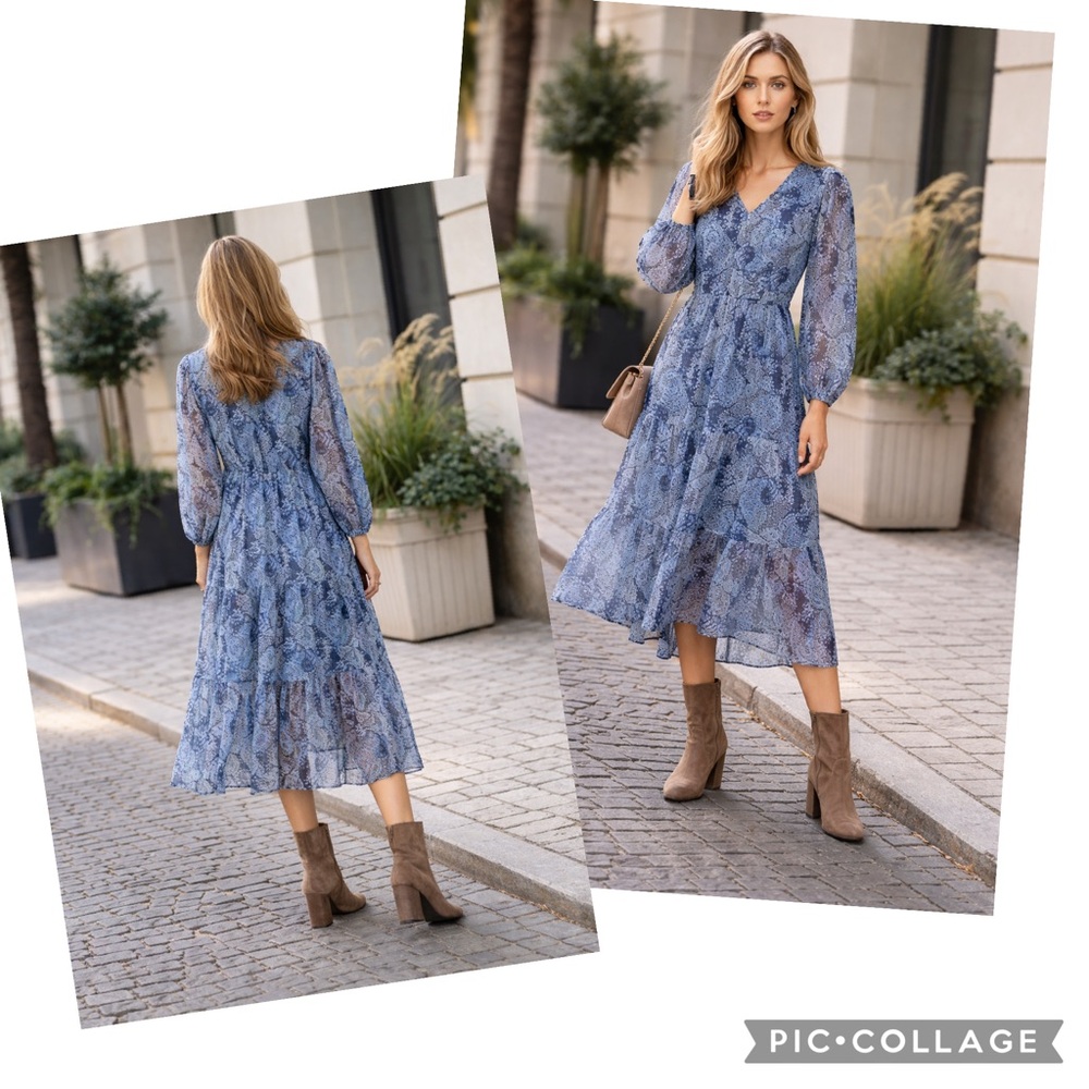 NEW JOIE PARISIAN PAISLEY BLUE BOHO MIDI DRESS SHEER SLEEVE DETAIL